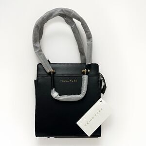 Trina Turk Petite Satchel Double Handle Purse Black Leather Square Elegant NWT